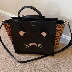 kate spade Black Satchel with Leopard Side Panels & Cat Appliqué